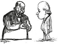 Jules Soury, traducteur de Ernst Haeckel, caricaturé par André Rouveyre en 1911 (à gauche) et par Dubois en 1877 (à droite).